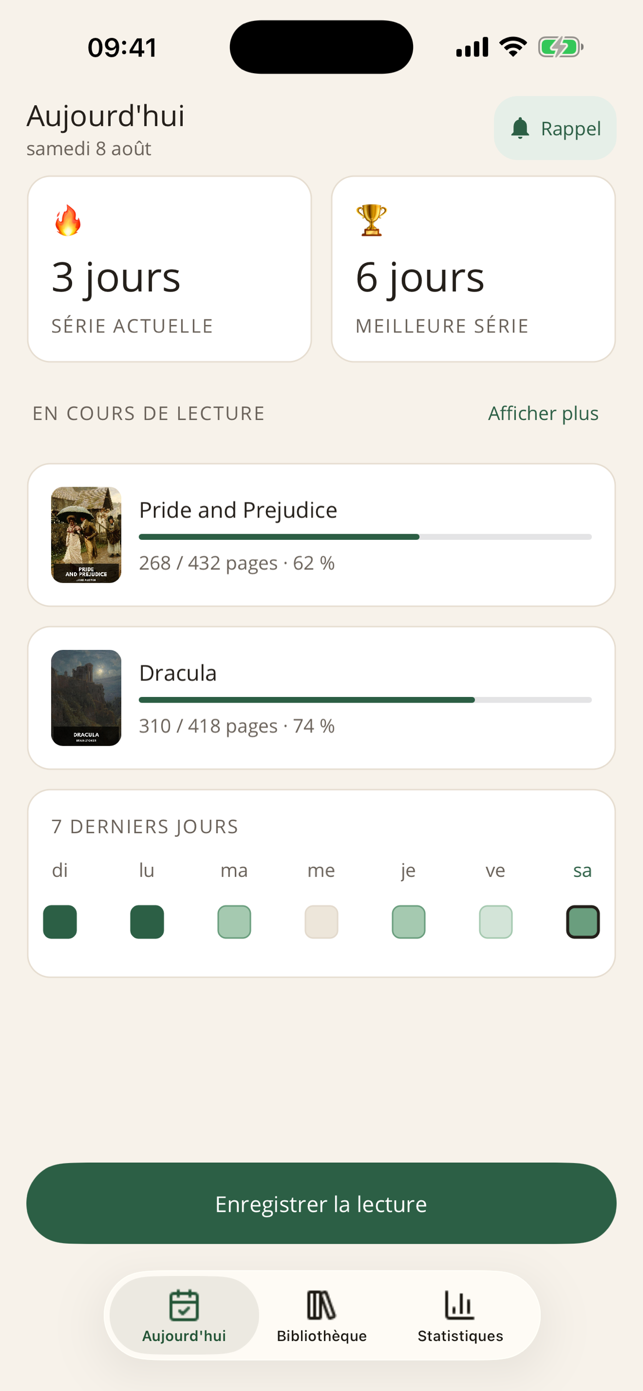 ReadAura Today : série de lecture en cours, livres et activité sur 7 jours