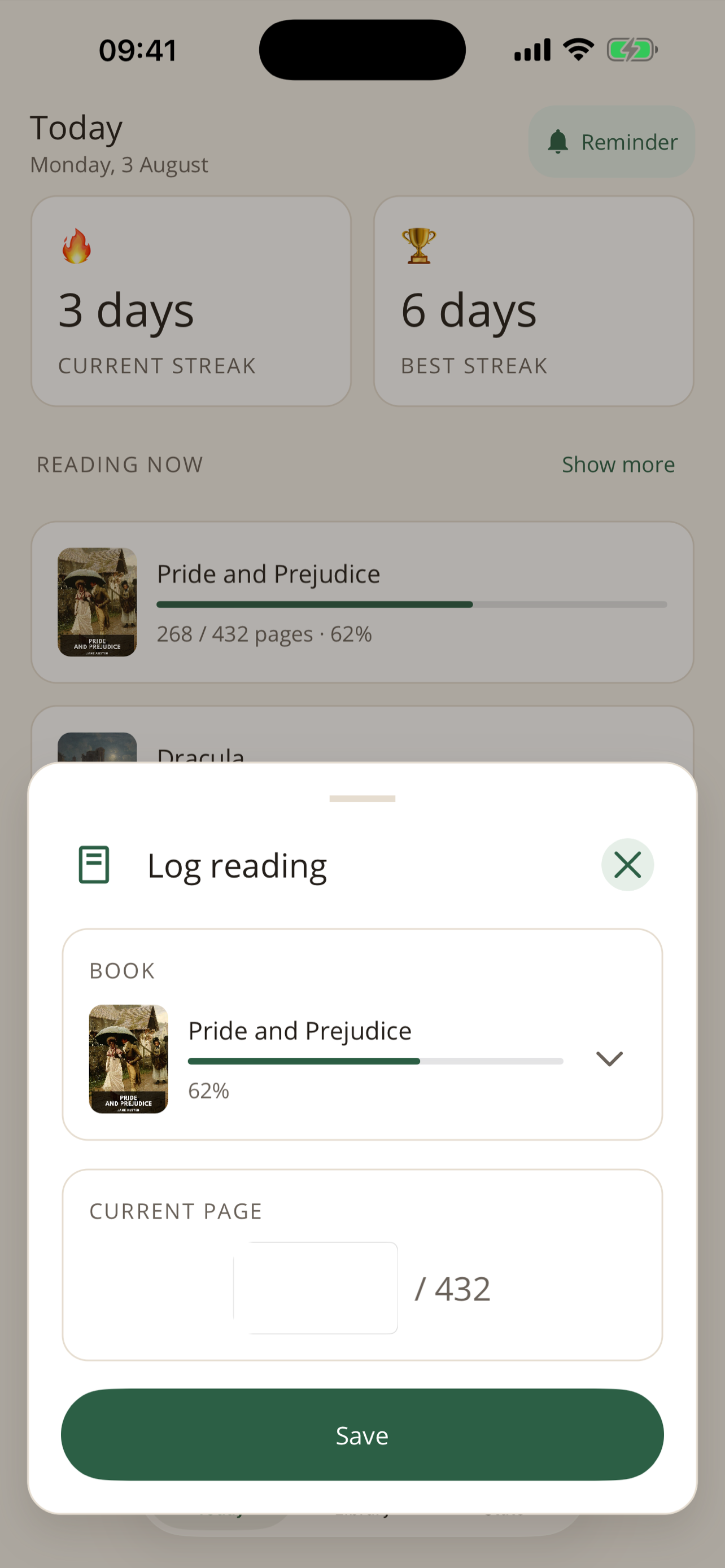ReadAura Quick Log — updating the current page of a book