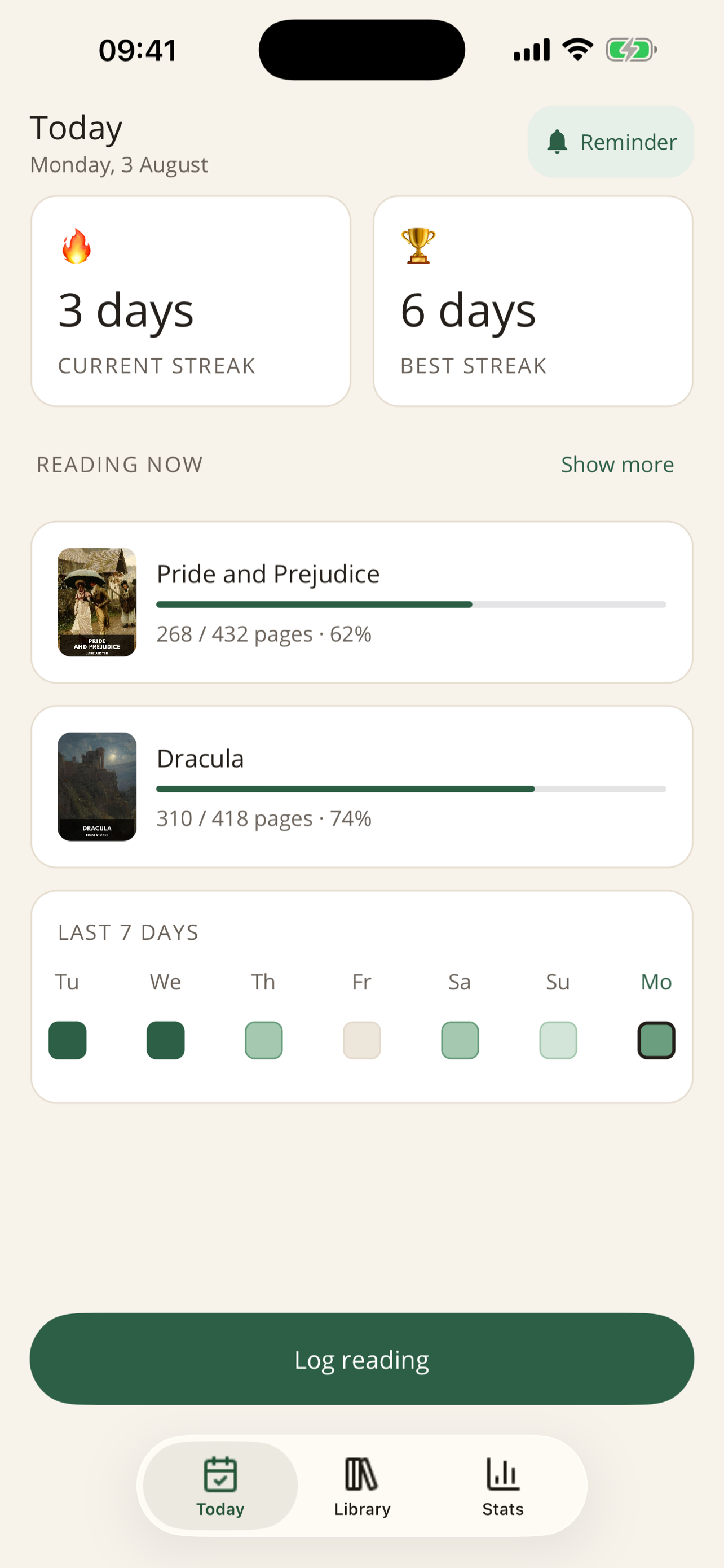 ReadAura Today: current reading streak, books, and 7-day activity